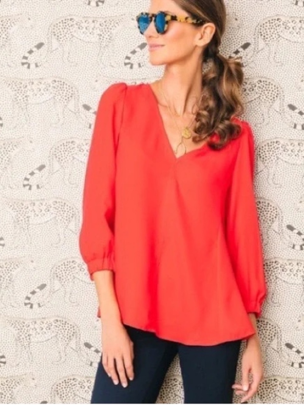 Tuckernuck Hollis V-Neck 3/4 Sleeve Blouse Medium poppy